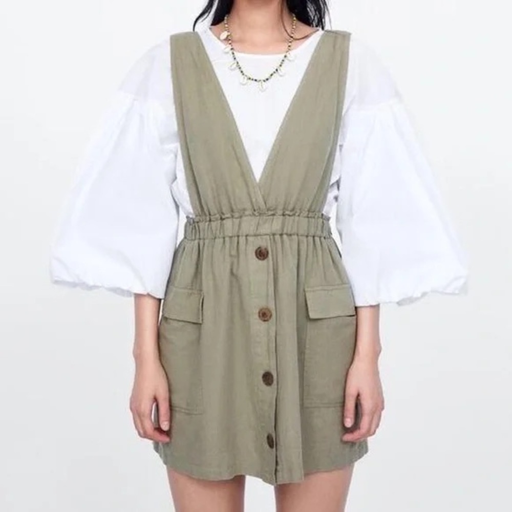 Zara-Light Sage Green Linen Blend Pinafore Spring/Summer Dress (Size:Small)
